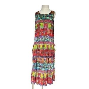Bila Vintage Womens Maxi Dress, Pockets Pullover Vibrant Print Rayon size large